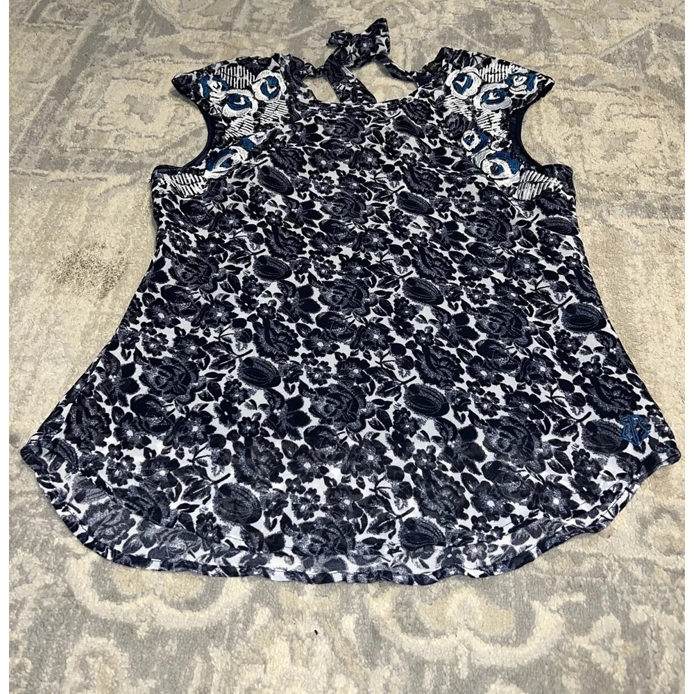 E-lec-tric Roar Brand‎ Womens Sleeveless Blue Floral Shirt SZ Small